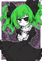 Rule 34 | 1girl, :o, absurdres, bags under eyes, black bow, black dress, black eyes, blunt bangs, border, borrowed character, bow, breasts, colored skin, commentary, dress, english commentary, expressionless, eyepatch, frilled wrist cuffs, frills, goth fashion, gothic lolita, green hair, hair bow, hands on own chest, hatching (texture), highres, inset border, large breasts, lolita fashion, long sleeves, looking to the side, open mouth, original, outline, patterned background, puffy long sleeves, puffy sleeves, purple background, sekai yusuke, sidelocks, solo, symbol-shaped pupils, twintails, white border, white outline, white skin, white wrist cuffs, wrist cuffs, x-shaped pupils