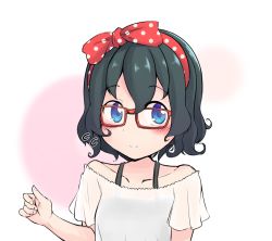 Rule 34 | 10s, 1girl, alternate costume, bad id, bad pixiv id, bare shoulders, bespectacled, black hair, blue eyes, blush, bow, commentary request, flying sweatdrops, glasses, hair bow, headband, highres, hiyama yuki, kaban (kemono friends), kemono friends, no headwear, see-through, short hair, short sleeves, simple background, smile, solo, strapless, undershirt, unmoving pattern, upper body, white background