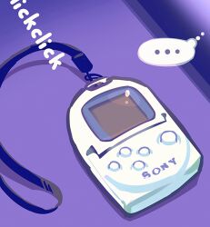 Rule 34 | ..., buttons, donuttypd, english text, light, logo, no humans, original, pocketstation, purple background, screen, shadow, shared thought bubble, sony, strap, thought bubble