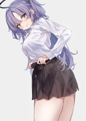 Rule 34 | 1girl, blue archive, blue eyes, collared shirt, from below, grin, highres, long hair, looking at viewer, miniskirt, ponpon nun, purple hair, shirt, simple background, skirt, smile, solo, standing, sweat, white background, white shirt, yuuka (blue archive)