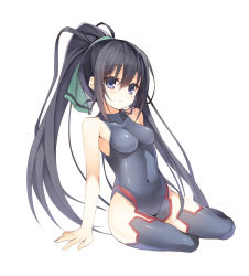 Rule 34 | 10s, 1girl, alternate breast size, antenna hair, arm support, armpits, bare shoulders, black hair, black thighhighs, blue eyes, blush, breasts, collarbone, covered navel, from side, full body, hair between eyes, hair ribbon, halterneck, high ponytail, impossible clothes, impossible leotard, infinite stratos, leotard, long hair, looking at viewer, nekomu, parted lips, pelvic curtain, pilot suit, ponytail, ribbon, shinonono houki, simple background, sitting, skin tight, small breasts, solo, split ponytail, thighhighs, turtleneck, very long hair, white background, yokozuwari