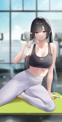 Rule 34 | 1girl, absurdres, bare shoulders, barefoot, black hair, black nails, blurry, blurry background, blush, bottle, breasts, character request, cleavage, collarbone, copyright request, ear piercing, fang, fingernails, high-waist pants, highres, indoors, long hair, looking at viewer, nail polish, pants, piercing, pointy ears, sino42, skin fang, small breasts, solo, sports bra, sportswear, thighs, very long hair, water bottle, yoga mat, yoga pants