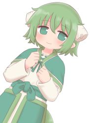 Rule 34 | 1boy, blush, broken horn, capelet, closed mouth, dress, dutch angle, green capelet, green eyes, green hair, green ribbon, hair between eyes, highres, horns, long sleeves, looking at viewer, male focus, naga u, pointy ears, resi, ribbon, simple background, smile, solo, summon night, summon night 2, white background, white dress