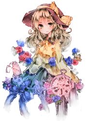 Rule 34 | 1girl, blonde hair, blouse, blue bow, blue flowers, blue ribbon, blush, bottle, bow, buttons, card, chain, closed mouth, commentary request, flower, gold shirt, green eyes, green skirt, hat, joou heika (precare deum), komeiji koishi, long hair, perfume bottle, playing card, purple flower, red hat, ribbon, shirt, simple background, skirt, solo, touhou, white background, yellow ribbon, yellow shirt