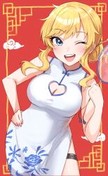 Rule 34 | 1girl, ban (puka 0507), bare shoulders, blonde hair, blue eyes, blush, breasts, china dress, chinese clothes, cleavage, cleavage cutout, clothing cutout, dress, floral print, hair ornament, hairpin, highres, idolmaster, idolmaster cinderella girls, large breasts, looking at viewer, nail polish, ohtsuki yui, one eye closed, open mouth, smile, solo, thigh strap, wavy hair, white dress