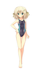 Rule 34 | 1girl, barefoot, black one-piece swimsuit, blonde hair, blush, breasts, competition swimsuit, covered navel, full body, gluteal fold, green eyes, hair ribbon, hand on own hip, hizuki aki, looking to the side, one-piece swimsuit, original, ribbon, short hair, small breasts, solo, standing, swimsuit