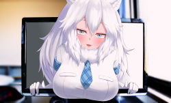 Rule 34 | 1girl, :3, absurdres, animal ears, blue eyes, blue necktie, blush, breast pocket, breasts, eka kinoko, elbow gloves, fangs, gloves, highres, kemono friends, large breasts, lion ears, lion girl, long hair, looking at viewer, necktie, open mouth, pocket, screen, smile, solo, television, through medium, through screen, white gloves, white hair, white lion (kemono friends)