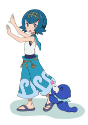 Rule 34 | 1girl, :d, armpits, bare arms, bare shoulders, belt, blue eyes, blue hair, blue one-piece swimsuit, blue pants, blue sailor collar, blush, breasts, bright pupils, brown hairband, capri pants, closed eyes, commentary request, creatures (company), crop top, from side, full body, game freak, gen 7 pokemon, hairband, highres, kiri (foxsnake), lana (pokemon), looking at viewer, nintendo, no legwear, one-piece swimsuit, open mouth, outstretched arms, pants, pokemon, pokemon (creature), pokemon sm, popplio, sailor collar, sandals, shadow, shirt, short hair, simple background, sleeveless, sleeveless shirt, small breasts, smile, swimsuit, swimsuit under clothes, trial captain, walking, white background, white shirt