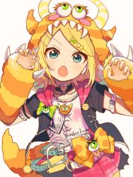 Rule 34 | 1girl, 4 (nakajima4423), :o, aqua eyes, arm belt, badge, belt, black jacket, blonde hair, blush stickers, bow, bowtie, choker, claw pose, claws, clothes writing, commentary, costume, eyeball, fang, green bow, heart, heart belt, heart choker, hibiku twilight parade (project sekai), highres, hood, hooded jacket, jacket, jewelry, kagamine rin, looking at viewer, miniskirt, monster tail, nail polish, necklace, open mouth, pink skirt, pleated skirt, sharp teeth, shirt, short sleeves, skirt, solo, teeth, tongue, vocaloid, white background, white shirt, wonderlands x showtime rin, yellow nails