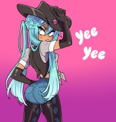 Rule 34 | 1girl, aqua eyes, aqua hair, ass, beta&#039;s inferno, black gloves, black hat, black vest, blush, breasts, chaps, commentary, cowboy, cowboy hat, cowboy western, dark-skinned female, dark skin, denim, elbow gloves, english commentary, english text, from behind, front-tie top, gloves, grey shirt, hair over shoulder, hat, hatsune miku, highres, jeans, long hair, pants, pink background, shirt, small breasts, solo, tan, turning head, twintails, vest, vocaloid, western