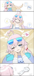 Rule 34 | 1boy, 1girl, :3, :d, ;d, ?, absurdres, ahoge, doodle sensei (blue archive), bikini, blue archive, blush stickers, comic, commentary request, eyewear on head, flying sweatdrops, hair between eyes, hair bobbles, hair ornament, halo, hands on another&#039;s cheeks, hands on another&#039;s face, heart, heterochromia, highres, holding hands, hoshino (blue archive), hoshino (swimsuit) (blue archive), long hair, looking at viewer, low twintails, lying, miji doujing daile, musical note, official alternate costume, on back, one eye closed, open mouth, pink hair, sensei (blue archive), sidelocks, silent comic, simple background, sleeveless, smile, snoot challenge, spoken heart, spoken musical note, spoken object, spoken question mark, stuffed whale, sunglasses, swimsuit, twintails, unconscious, white bikini