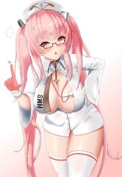 Rule 34 | 1girl, azur lane, bespectacled, blush, breasts, center opening, cleavage, cross hair ornament, glasses, gloves, gradient background, hair ornament, half gloves, hat, highres, id card, lanyard, large breasts, long hair, looking at viewer, nurse, nurse cap, official alternate costume, perseus (azur lane), perseus (unfamiliar duties) (azur lane), pink background, pink eyes, pink gloves, semi-rimless eyewear, shirt, solo, thighhighs, tomohiro (duo), twintails, two-tone background, very long hair, white background, white hat, white shirt, white thighhighs, zettai ryouiki
