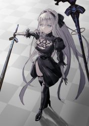 Rule 34 | 1girl, absurdres, black bow, black hairband, blue eyes, boots, bow, braid, camellia (s kamellia), cleavage cutout, clothing cutout, cosplay, dress, fate/grand order, fate (series), feather-trimmed sleeves, french braid, hairband, high heel boots, high heels, highres, ishikawa yui, juliet sleeves, long sleeves, morgan le fay (fate), nier (series), nier:automata, no blindfold, ponytail, puffy sleeves, solo, sword, thigh boots, thighhighs, thighhighs under boots, two-sided dress, two-sided fabric, voice actor connection, weapon, 2b (nier:automata), 2b (nier:automata) (cosplay)