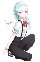 Rule 34 | 10s, 1girl, aqua hair, bow, bowtie, bracelet, braid, chimachi, death parade, earrings, hair bobbles, hair ornament, jewelry, long hair, looking at viewer, nail polish, nona (death parade), pants, puffy short sleeves, puffy sleeves, purple eyes, sandals, shirt, short sleeves, simple background, sketch, smile, solo, squatting, toenail polish, toenails, white background