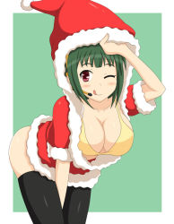 Rule 34 | 1girl, :d, ass, bent over, between legs, bikini, black thighhighs, bowcan, breasts, cleavage, downblouse, green hair, hand between legs, hat, hiryukai, hiryukai58, hiryuu kai (hiryukai58), hood, idolmaster, idolmaster (classic), large breasts, microphone, no panties, one eye closed, open mouth, otonashi kotori, red eyes, santa hat, smile, solo, swimsuit, thighhighs, tongue, wink