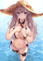 Rule 34 | 1girl, algerie (azur lane), algerie (white sand paradise) (azur lane), algerie (white sand paradise) (azur lane), ascot, azur lane, bad id, bad pixiv id, bangle, bikini, blush, bracelet, breasts, brown bikini, cleavage, clenched hands, detached collar, drill hair, hands up, jewelry, large breasts, long hair, looking at viewer, mokyumokyuchan, pouch, purple eyes, silver hair, solo, swimsuit, thigh strap, twin drills, two-tone bikini, wading, water