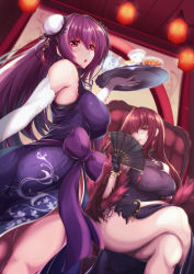 Rule 34 | 2girls, ass, breasts, bun cover, chair, china dress, chinese clothes, crossed arms, double bun, dress, elbow gloves, fate/grand order, fate (series), food, gloves, hair bun, hand fan, highres, holding, holding tray, lantern, large breasts, long hair, looking at viewer, multiple girls, paper fan, paper lantern, purple hair, red eyes, revision, saboten teishoku, scathach (fate), scathach skadi (fate), side slit, smile, teapot, tray