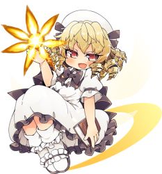 Rule 34 | 1girl, arm up, blonde hair, book, commentary request, crescent moon, curly hair, dress, fairy, fairy wings, full body, hat, ini (inunabe00), knees up, light, luna child, magic, moon, open mouth, photokinesis, red eyes, short hair, slippers, smile, socks, solo, touhou, transparent background, white dress, white footwear, white hat, wings