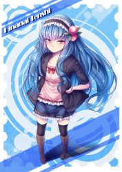 Rule 34 | 1girl, black jacket, black thighhighs, blue hair, blue skirt, boots, bow, brown footwear, character name, collarbone, contemporary, eyebrows, food, food-themed hair ornament, foreshortening, frilled skirt, frills, from above, fruit, full body, hair ornament, hairband, hand on own hip, highres, hinanawi tenshi, jacket, knee boots, long hair, looking up, maru daizu (aqua6233), miniskirt, open clothes, open jacket, peach, pink shirt, red bow, red eyes, shirt, short sleeves, skirt, solo, standing, thighhighs, touhou, zettai ryouiki