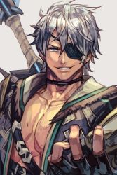 Rule 34 | 1boy, armor, eyepatch, gloves, hungry clicker, jacket, looking at viewer, male focus, nintendo, short hair, silver hair, smile, solo, xenoblade chronicles (series), xenoblade chronicles 2, xenoblade chronicles (series), xenoblade chronicles 2, zeke von genbu (xenoblade)