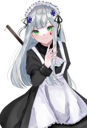 Rule 34 | 1girl, apron, black dress, black ribbon, blunt bangs, blunt sidelocks, breasts, broom, closed mouth, commentary request, cowboy shot, cross hair ornament, dress, facial mark, facial tattoo, finger to own chin, frilled apron, frilled headwear, frills, girls&#039; frontline, gradient hair, green eyes, green nails, grey hair, hair ornament, hair over breasts, hair over shoulder, hair ribbon, hand up, head tilt, highres, hk416 (girls&#039; frontline), holding, holding broom, long hair, looking at viewer, maid, maid apron, maid headdress, medium breasts, multicolored hair, nail polish, parted bangs, ribbon, sidelocks, smile, solo, tattoo, teardrop, teardrop facial mark, teardrop tattoo, very long hair, white apron, white hair, yossi art