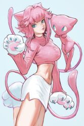 Rule 34 | 1girl, animal ears, animal hands, annie lyce, arm at side, blue eyes, breasts, cat ears, cat girl, cat tail, claws, closed mouth, cowboy shot, creatures (company), crop top, female focus, floating, game freak, gen 1 pokemon, gloves, hair flaps, hand up, highres, large breasts, leg up, legendary pokemon, long sleeves, looking at another, looking at viewer, looking to the side, medium hair, mew (pokemon), midriff, miniskirt, mythical pokemon, navel, nintendo, paw gloves, paw shoes, pencil skirt, personification, pink hair, pink shirt, pokemon, pokemon (creature), shirt, side slit, simple background, skirt, standing, standing on one leg, stomach, tail, thighs, white background, white footwear, white skirt
