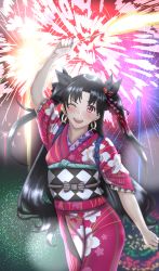 Rule 34 | 1girl, absurdres, earrings, fate/grand order, fate (series), fireworks, highres, ishtar (fate), ishtar (fate), japanese clothes, jewelry, kimono, red eyes, ribbon, romulproduce, smile, summer