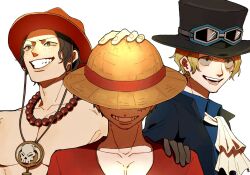 Rule 34 | 3boys, ascot, black hair, black headwear, blonde hair, commentary request, gloves, hand on another&#039;s shoulder, hand on headwear, hat, highres, jewelry, looking to the side, male focus, monkey d. luffy, multiple boys, necklace, oh imo, one piece, orange headwear, portgas d. ace, red shirt, sabo (one piece), scar, scar on face, shirt, simple background, smile, straw hat, top hat, topless male, upper body, white ascot, white background