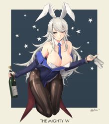 Rule 34 | 1girl, adapted costume, animal ears, between breasts, black pantyhose, blue necktie, bottle, breasts, cup, drinking glass, fake animal ears, grey eyes, highres, holding, holding bottle, holding cup, kantai collection, large breasts, leotard, long hair, necktie, necktie between breasts, odachu, one eye closed, pantyhose, playboy bunny, rabbit ears, silver hair, solo, strapless, strapless leotard, striped clothes, striped pantyhose, vertical-striped clothes, vertical-striped pantyhose, washington (kancolle), white leotard