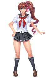 Rule 34 | 1girl, artist request, blue eyes, breasts, brown hair, character request, curvy, female focus, full body, gradient hair, large breasts, lilith-soft, long hair, looking at viewer, multicolored hair, ponytail, school uniform, seigi no henshin-heroine wo sasaeru ore to aku no onna-kanbu, shiny skin, shoes, side ponytail, skirt, smile, solo, standing, thighs, very long hair