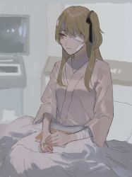 Rule 34 | 1girl, assault lily, bandage over one eye, bandaged arm, bandages, bandaid, bandaid on face, bed, black ribbon, blanket, book, brown hair, closed mouth, cowboy shot, expressionless, hair ribbon, hospital, hospital gown, indoors, jewelry, kuo shenlin, long hair, looking away, on bed, one eye covered, one side up, own hands together, pillow, pumpkin-crazy, red eyes, ribbon, ring, sitting, sketch, sleeves past elbows, solo, under covers, wide sleeves