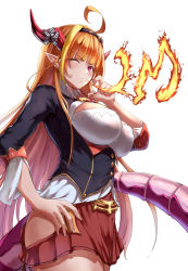 Rule 34 | 1girl, ahoge, black jacket, blouse, blunt bangs, bow, breasts, breath weapon, breathing fire, cleavage, cleavage cutout, clothing cutout, collared shirt, diagonal-striped bow, dragon girl, dragon horns, dragon tail, fire, framed breasts, hairband, hand on own hip, highres, hip vent, hololive, horns, jacket, jojobirdz, kiryu coco, kiryu coco (1st costume), large breasts, long hair, looking at viewer, miniskirt, multicolored hair, one eye closed, orange hair, parted lips, pleated skirt, pointy ears, purple eyes, red eyes, red skirt, shirt, simple background, skirt, solo, streaked hair, tail, thick thighs, thighs, underbust, virtual youtuber, white background, white shirt