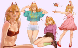 Rule 34 | + +, 1girl, absurdres, bare shoulders, blush, bra, breasts, candy, chainsaw man, cleavage, clothes writing, collarbone, cross-shaped pupils, crosshair pupils, cutoff jeans, cutoffs, demon girl, demon horns, denim, denim shorts, dress, food, green legwear, hair over one eye, high heels, highres, horns, justin leyva (steamy tomato), lace, lace-trimmed bra, lace trim, licking lips, lingerie, lollipop, long sleeves, looking at viewer, midriff, navel, open mouth, oversized clothes, oversized shirt, panties, pink dress, power (chainsaw man), red bra, red footwear, red horns, red panties, ringed eyes, sharp teeth, shirt, shoes, short shorts, shorts, sitting, smile, sneakers, socks, symbol-shaped pupils, teeth, tongue, tongue out, underwear, wariza, white shorts
