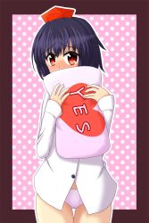 Rule 34 | 1girl, black hair, blouse, blush, border, bottomless, cameltoe, covering own mouth, embarrassed, framed, full-face blush, halftone, hat, heart, highres, holding, hugging object, long sleeves, looking at viewer, naked shirt, outside border, panties, pillow, pillow hug, pink background, pink panties, polka dot, polka dot background, polka dot panties, red eyes, shadow, shameimaru aya, shirt, short hair, solo, standing, teoi (good chaos), tokin hat, touhou, underwear, yes, yes-no pillow