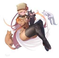 Rule 34 | 1girl, animal ears, arm scarf, black gloves, black pantyhose, blue eyes, blush, boots, brown coat, carrying, cat, cat ears, cat tail, closed mouth, coat, filin, fingerless gloves, fingernails, fur hat, gloves, guilty gear, guilty gear strive, hat, highres, invisible chair, leggings, long hair, millia rage, pantyhose, scarf, simple background, sitting, solo, tail, ushanka, white background