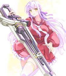 Rule 34 | &gt;:), 1girl, assault lily, belt, belt buckle, blunt bangs, braid, breasts, brown sailor collar, buckle, closed mouth, collarbone, cowboy shot, floating hair, frilled skirt, frills, gradient background, hair ribbon, hand up, high-waist skirt, highres, holding, holding weapon, kanba girls high school uniform, kon kanaho, large breasts, leg up, long hair, long sleeves, looking at viewer, mila (yuta27315), miniskirt, necktie, puffy long sleeves, puffy sleeves, purple hair, purple ribbon, red belt, red skirt, ribbon, sailor collar, school uniform, serafuku, side braid, sidelocks, skirt, smile, solo, standing, standing on one leg, thighhighs, v-shaped eyebrows, very long hair, weapon, white background, white necktie, white thighhighs, yellow background, yellow eyes, zettai ryouiki