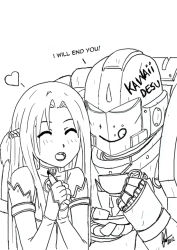 Rule 34 | 10s, 1boy, 1girl, :q, ^ ^, armor, asuna (sao), blush, closed eyes, crossover, cup, dated, english text, false smile, greyscale, marker, monochrome, mr rumbles, open mouth, signature, simple background, smile, space marine, sweatdrop, sword art online, teacup, tongue, tongue out, warhammer 40k, white background, writing