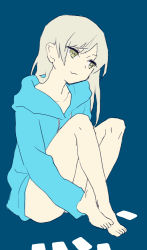 Rule 34 | 1girl, alternate eye color, bad id, bad pixiv id, bare legs, blonde hair, blue background, card, collarbone, eila ilmatar juutilainen, hloox, hood, hoodie, long hair, long sleeves, official alternate costume, platinum blonde hair, simple background, sitting, sleeves past wrists, smile, solo, strike witches, world witches series, yellow eyes