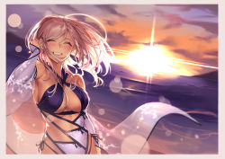 Rule 34 | 1girl, :d, ^ ^, absurdres, arm at side, arm up, backlighting, bare shoulders, blush, border, breasts, casual one-piece swimsuit, cleavage, closed eyes, collarbone, commentary request, fate/grand order, fate (series), floating hair, gradient sky, grin, hair down, highres, hiro (hirohiro gorira), huge filesize, large breasts, lens flare, long hair, miyamoto musashi (fate), miyamoto musashi (fate/grand order), miyamoto musashi (swimsuit berserker) (fate), miyamoto musashi (swimsuit berserker) (third ascension) (fate), ocean, one-piece swimsuit, open mouth, outdoors, pink hair, see-through, shawl, sky, smile, solo, sun, sunlight, sunset, swimsuit, teeth, upper body, water, white border, wind