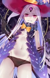 Rule 34 | 1girl, abigail williams (fate), abigail williams (third ascension) (fate), bad id, bad pixiv id, black bow, black gloves, black panties, bow, commentary request, dutch angle, elbow gloves, fate/grand order, fate (series), gloves, glowing, gluteal fold, hat, hat bow, highres, holding, ichinosenen, key, long hair, looking at viewer, orange bow, pale skin, panties, parted bangs, parted lips, print bow, purple eyes, red hat, revealing clothes, skull print, smile, solo, star (symbol), star print, suction cups, tentacles, third eye, topless, underwear, very long hair, white hair, witch hat