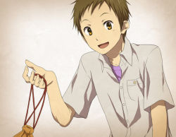 Rule 34 | 10s, 1boy, :d, bag, breast pocket, brown eyes, brown hair, buttons, collared shirt, dress shirt, fukube satoshi, gradient background, grey shirt, holding, hyouka, looking at viewer, male focus, open mouth, pocket, pouch, rito453, shirt, short hair, short sleeves, smile, solo, upper body, wing collar, yellow eyes
