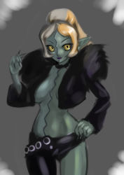 Rule 34 | 1girl, asymmetrical legwear, belt, black nails, blonde hair, breasts, choker, colored skin, cropped jacket, extra, feather boa, green skin, hand on own hip, jacket, kemurin, large breasts, lipstick, long hair, makeup, monster girl, nail polish, open clothes, open jacket, pointy ears, ponytail, purple lips, skullgirls, solo, uneven legwear, yellow eyes