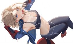 Rule 34 | 1girl, armpits, bikini bridge, blonde hair, blue eyes, blue jacket, breasts, cammy white, candy, cleavage, commentary, crossed legs, dutch angle, english commentary, fingerless gloves, fingernails, food, gloves, groin, highres, jacket, lollipop, long fingernails, looking at viewer, medium breasts, medium hair, navel, neo (neorarty3), open clothes, red footwear, scar, scar on face, solo, sports bra, steepled fingers, street fighter, street fighter 6, tongue, tongue out, unfinished