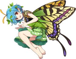 Rule 34 | 1girl, antennae, aqua hair, artist request, barefoot, blush, butterfly wings, dress, eternity larva, fairy, full body, green dress, insect wings, leaf, leaf on head, multicolored clothes, multicolored dress, open mouth, red eyes, short hair, short sleeves, smile, solo, touhou, touhou danmaku kagura, transparent background, wings