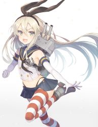 Rule 34 | 10s, 1girl, anchor hair ornament, bare shoulders, blonde hair, boots, bow, carrying, crop top, elbow gloves, gi (melmail), gloves, gradient background, green eyes, grey background, hair between eyes, hair bow, hair ornament, hair ribbon, highleg, highleg panties, highres, kantai collection, leg up, looking at viewer, microskirt, navel, open mouth, outstretched arm, panties, piggyback, red thighhighs, rensouhou-chan, ribbon, rudder footwear, sailor collar, shimakaze (kancolle), skirt, sleeveless, solo, striped clothes, striped thighhighs, thighhighs, underwear, white background, white gloves, white thighhighs, zettai ryouiki
