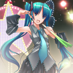 Rule 34 | blue hair, cosplay, detached sleeves, hatsune miku, hatsune miku (cosplay), kannagi, long hair, nagi, necktie, qweasar, solo, spring onion, twintails, vocaloid