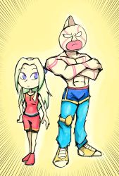 Rule 34 | 1boy, 1girl, arm at side, bad tag, blue pants, blue shorts, commentary, commission, confused, crossed arms, crossover, edelgard von hresvelg, english commentary, fire emblem, fire emblem: three houses, hair intakes, hair ribbon, kinnikuman, kinnikuman super phoenix, lips, long hair, mask, md5 mismatch, nintendo, no pupils, pants, purple eyes, red footwear, red shorts, red tank top, resolution mismatch, ribbon, setz, shorts, simple background, size difference, source larger, standing, staring, tank top, topless male, trait connection, white hair, wrestler, wrestling outfit, yellow background, yellow footwear