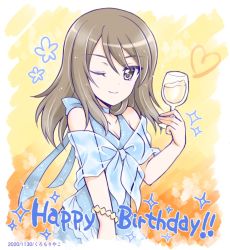 Rule 34 | 1girl, birthday, blue choker, blue dress, brown eyes, brown hair, choker, closed mouth, commentary, cup, dress, drinking glass, english text, formal, girls und panzer, happy birthday, heart, holding, holding cup, kuromori yako, long hair, looking at viewer, mika (girls und panzer), no headwear, one eye closed, shawl, smile, solo, wine glass