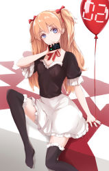 Rule 34 | 1girl, alternate costume, apron, balloon, black shirt, black thighhighs, blue eyes, cellphone, closed mouth, enmaided, frilled apron, frilled shirt, frilled thighhighs, frills, hair between eyes, hair ribbon, head tilt, highres, holding, holding phone, light brown hair, long hair, looking at viewer, maid, neck ribbon, neon genesis evangelion, phone, red ribbon, ribbon, shirt, short sleeves, sitting, smartphone, solo, souryuu asuka langley, thighhighs, twintails, very long hair, waist apron, white apron, white background, yuzuaji