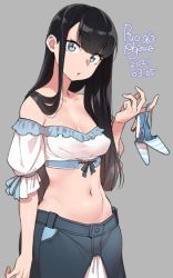 Rule 34 | 1girl, 2021, agawa ryou, bare shoulders, belly, black hair, blue eyes, breasts, commentary, dated, english commentary, grey background, high heels, holding, holding shoes, large breasts, long hair, looking at viewer, midriff, navel, open shoes, original, parted bangs, parted lips, shoes, simple background, smile, solo